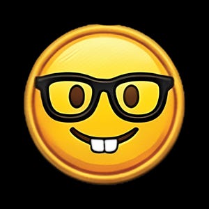 Puede incluir: Un icono emoji circular de color amarillo que muestra una cara sonriente con dos dientes frontales blancos prominentes y gafas de montura negra gruesa. El diseño tiene un acabado liso y brillante con un borde amarillo dorado sobre fondo negro.