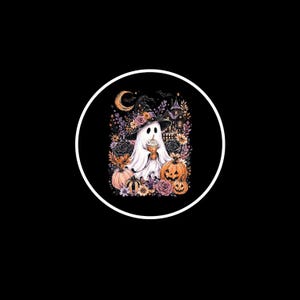 May include: A circular graphic featuring a white ghost wearing a floral witch hat and holding a coffee cup. The scene includes orange pumpkins, purple and orange flowers, a crescent moon, and a dark house silhouette against a black background.