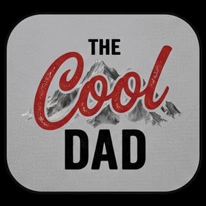 Pode incluir: Um para-sol de carro cinzento de formato quadrado com cantos arredondados, apresentando um gráfico de uma cordilheira a preto e branco. O texto THE COOL DAD está impresso no centro, com THE e DAD a preto e a palavra COOL em letra vermelha.