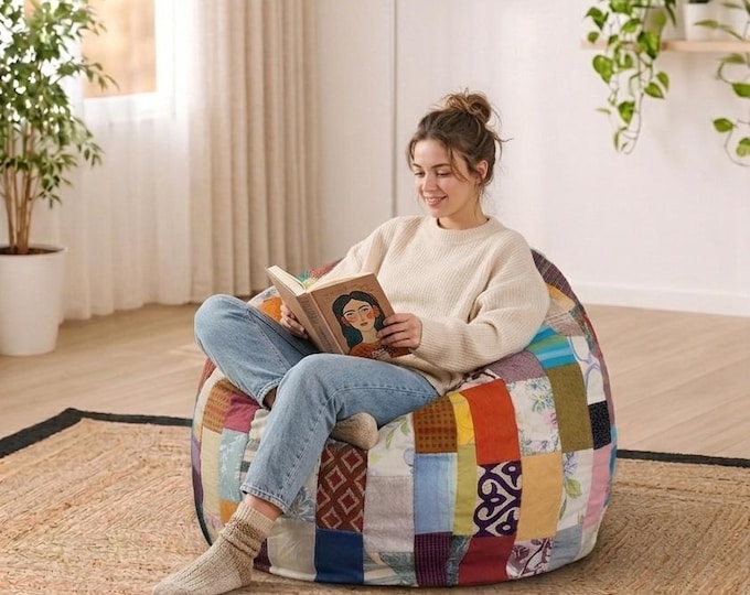Handmade Colourful Patchwork Beanbag Cover| Sustainable Beanbag Kids Seating| Reading Nook Decor| Movie Corner