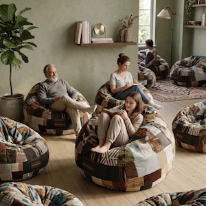 May include: A collection of round bean bag chairs featuring a patchwork design with various fabric textures and patterns in shades of brown, tan, blue, and cream. The chairs are arranged in a room with light wood flooring and sage green walls.