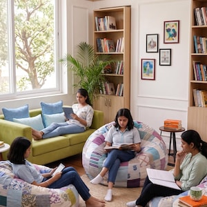 May include: A cozy reading room with a green sofa, beanbag chairs, and bookshelves. Several people are reading books and using tablets. The room has a large window and is decorated with framed artwork and a potted plant.