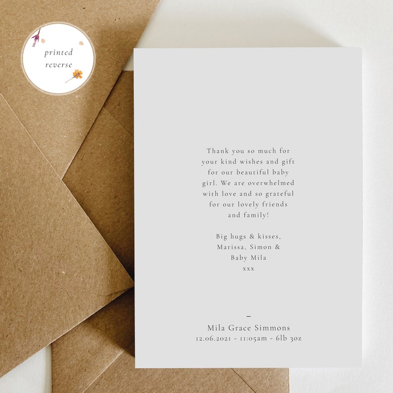 Cartes postales de remerciement pour bébé avec enveloppes, mots de remerciement pour bébé, faire-part de naissance Printed Message