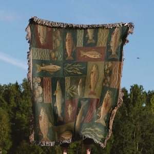 Trout Fish Pattern Woven Blanket | Lakeside Fishing Cabin Throw | Lakehouse Decor | Fisherman's Gift | Rustic River Tapestry