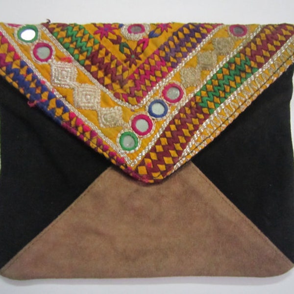 VINTAGE TRIBAL Banjara Gypsy Envelope Clutch BAG Suede Hand Made Kuchi Hippie 442