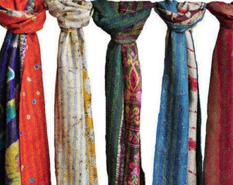 WHOLESALE Vintage KANTHA STOLE Recycled Indian Silk Sari Patchwork Reversible Scarf Wrap