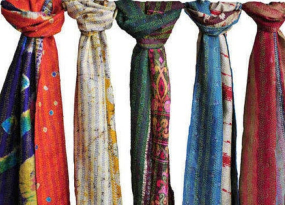 WHOLESALE Vintage KANTHA STOLE Recycled Indian Silk Sari Patchwork Reversible Scarf Wrap