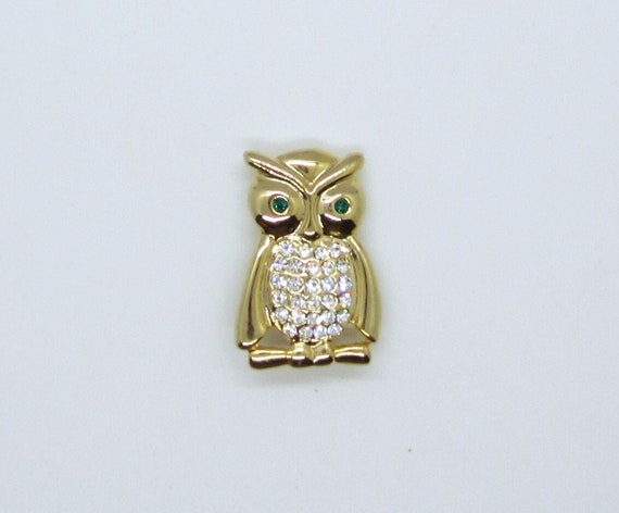 Rhinestone Owl Brooch With Green Eyes - image 1