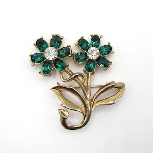 Vintage Bright Green Rhinestone Flower Brooch