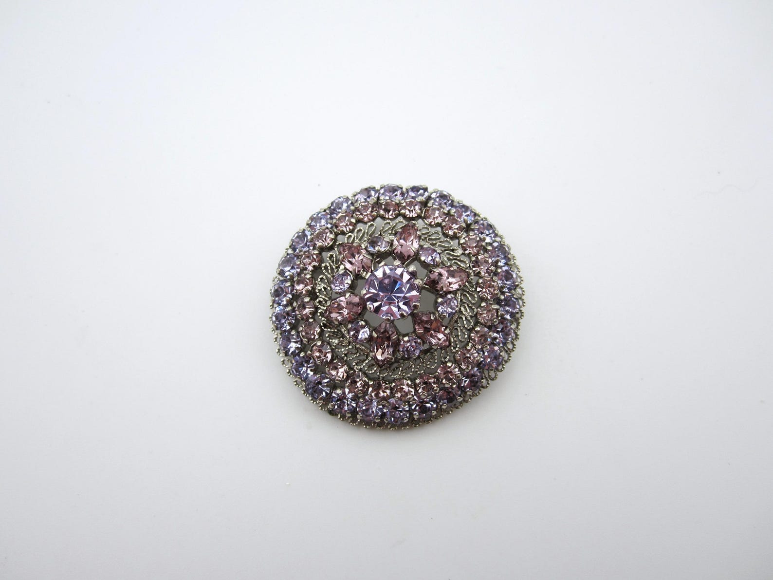 Purple crystal brooches - Light Purple and Pink Austrian Crystal Domed Brooch with Filigree Design