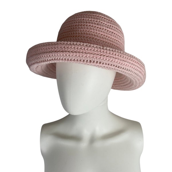 chapeau rose vintage, chapeau de fausse paille, chapeau d'été rose clair, chapeau à bord retroussé pour femme, chapeau BCBG, taille de chapeau 7, chapeau de taille moyenne, chapeau de 22 pouces