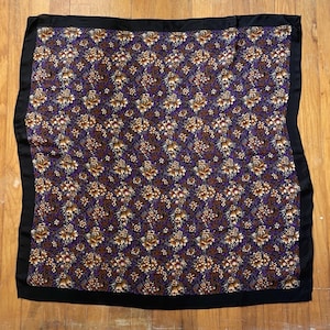 Vintage Black Flowers Scarf, Large Square 1980s Scarf, Black Brown Green Purple Scarf, Silk Floral Garden Scarf, Gift for Mom Grandma