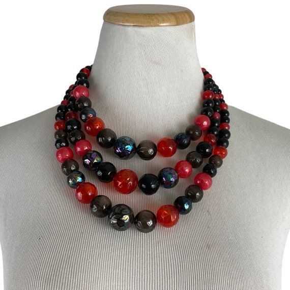 Vintage 3 Strand Necklace, Black Red varying size… - image 1