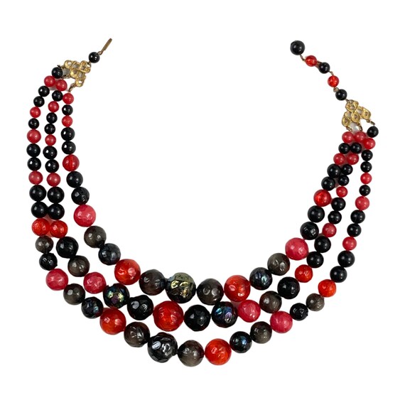 Vintage 3 Strand Necklace, Black Red varying size… - image 4