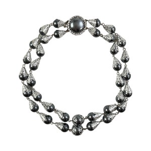 Vintage double strand silver necklace, Hong Kong stamped short necklace, Gray & Silver strand beads, Fancy decorative clasp 1960s choker