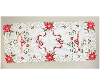 Vintage Poinsettia Table Scarf, Embroidered Holiday Linen, Christmas Trees (14" x 34")