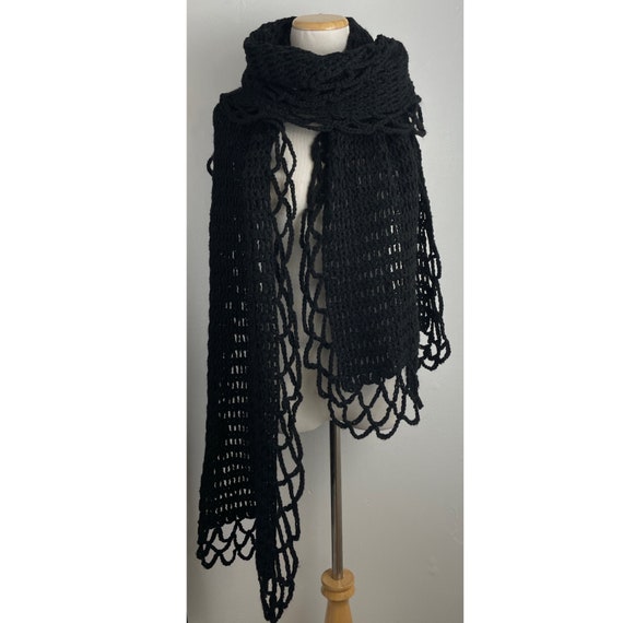 Vintage Black Scarf, Hand Crochet Shawl Wrap, 24 … - image 3