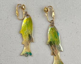 Boucles D'oreilles Pendantes Poissons Micris - Alliage Argenté Avec Clips - Bon état