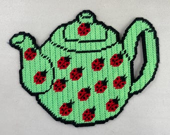 Vintage Ladybug Teapot Hot Pad: Handmade Needlepoint Trivet