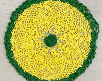 Vintage Handmade Crochet Doily: Yellow & Green Cotton Floral Mat (7.5 inch) 1970s