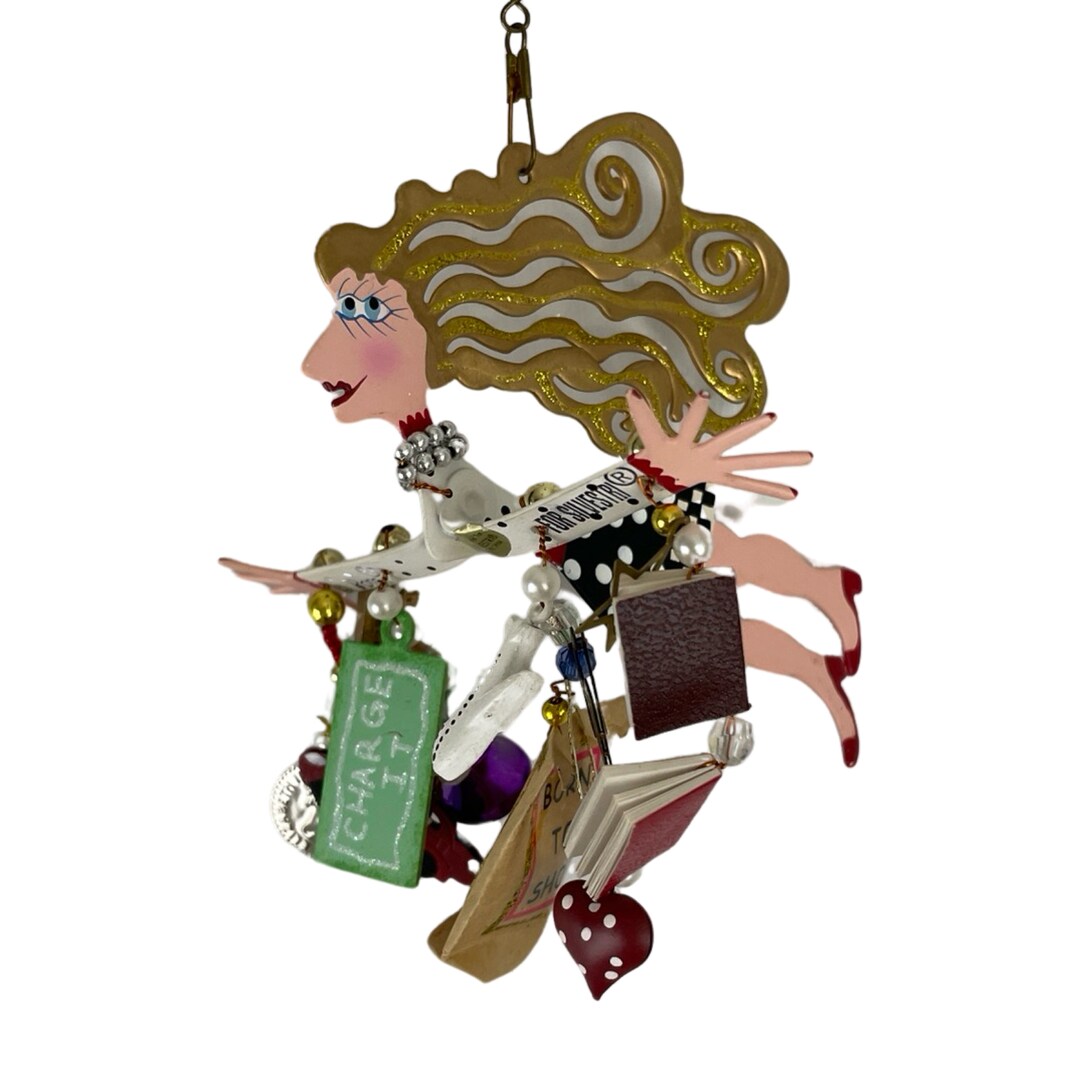 Vintage Christmas Ornament Shopping Lady, Y2K Metal Silvestri Charm