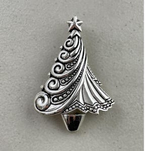 Vintage Silver tone Christmas Tree Pin, Silver Tree Pendant, Fancy Holiday Tree Pin, Holiday Jewelry, 2.5 inch high Pin, Gift Pin, 1990s pin