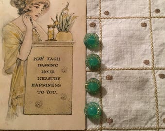 Vintage Green Glass Buttons Set/4
