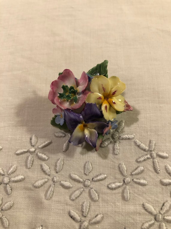 Vintage Hand Painted China Floral Brooch - image 1