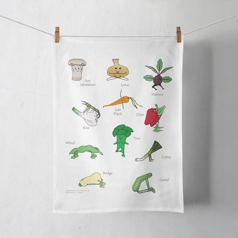 Yoga Vegetable Tea Towel Funky Tea Towel Gift For Vegan Vegetarian Yoga Lover Cook Chef Mum Dad Friend Sister