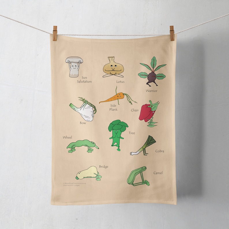 Yoga Vegetable Tea Towel Funky Tea Towel Gift For Vegan Vegetarian Yoga Lover Cook Chef Mum Dad Friend Sister