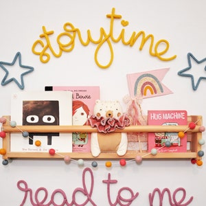 Storytime | Gender neutral knitted phrase STORY TIME for the modern nursery, kids' room, playroom | Minimalist kids decor