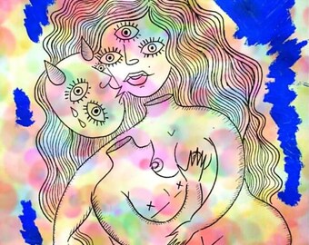 May include: A black and white line drawing of a woman with three eyes and a crown on her head. She is holding a smaller figure with horns and three eyes. The background is a colorful watercolor wash.