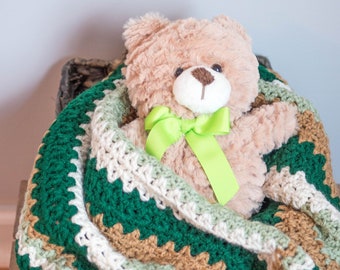 Two-Toned Green, Brown & Beige, Striped Crocheted Baby Blanket