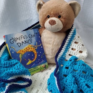 Blue, Off White, and Navy Blue Crocheted Baby or Toddler Blanket, Stroller Blanket, Blankie, Blue Blanket, Baby Blanket