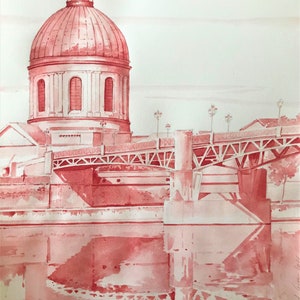 Poster realizzato a mano in acquerello stampa digitale su carta formato 50x70 cm Toulouse, Toulouse Pont st Pierre
