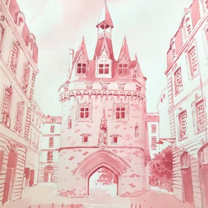 Poster fatto a mano ad acquerello stampa digitale su carta formato 30x40 cm Bordeaux, Porte Cailheau