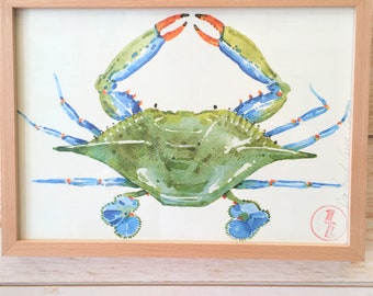 Poster Watercolor handmade digital printing on A4 paper, Crab