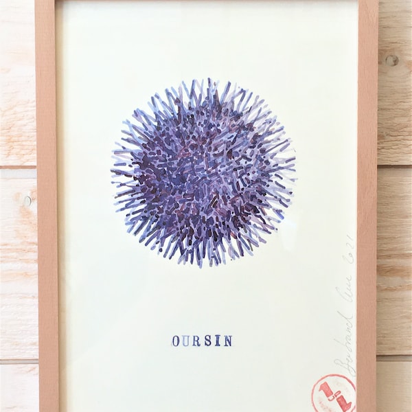 Poster Aquarelle fait main impression numérique sur papier format A4  , Oursin