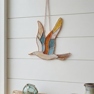 Seagull Stained Glass Pattern: Flying Bird Suncatcher SVG, PDF & PNG