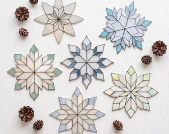 6 Stained Glass Snowflake Patterns: Modern Suncatcher Templates (PNGs, SVGs & PDFs)