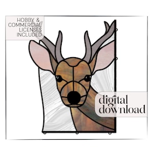 Stained Glass Deer Pattern plus PNG, digital pattern to download for stained glass suncatcher, deer template for young buck with antlers