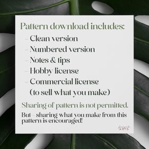 May include: A white card with black text that reads "Pattern download includes: Clean version, Numbered version, Notes & tips, Hobby license, Commercial license (to sell what you make), Sharing of pattern is not permitted. But - sharing what you make from this pattern is encouraged!" The card is on a green leafy background.