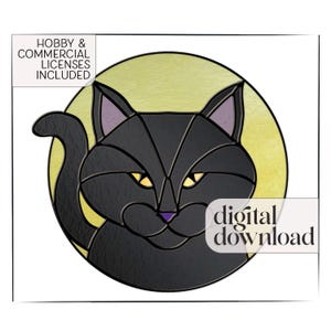 Halloween Cat Stained Glass pattern & PNG, full moon suncatcher, Halloween art stain glass pattern, template for cat, digital download