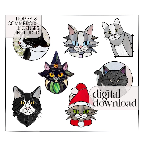 Stained Glass Cat Patterns: 7 Unique Designs, PDF & PNG