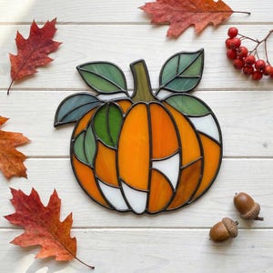 Leafy Pumpkin Stained Glass Pattern: Halloween Suncatcher Design (PDF & PNG)