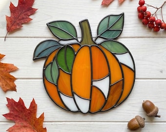 Leafy Pumpkin Stained Glass Pattern: Halloween Suncatcher Design (PDF & PNG)