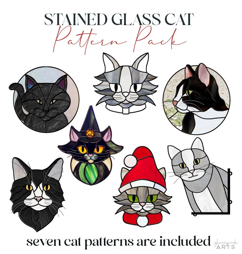 Mönster för kattmotiv i målat glas: 7 unika designer, PDF och PNG bild 2