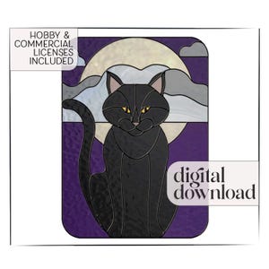Halloween Cat Stained Glass Pattern & PNG, cat stain glass pattern, full moon suncatcher pattern, digital download, halloween decor