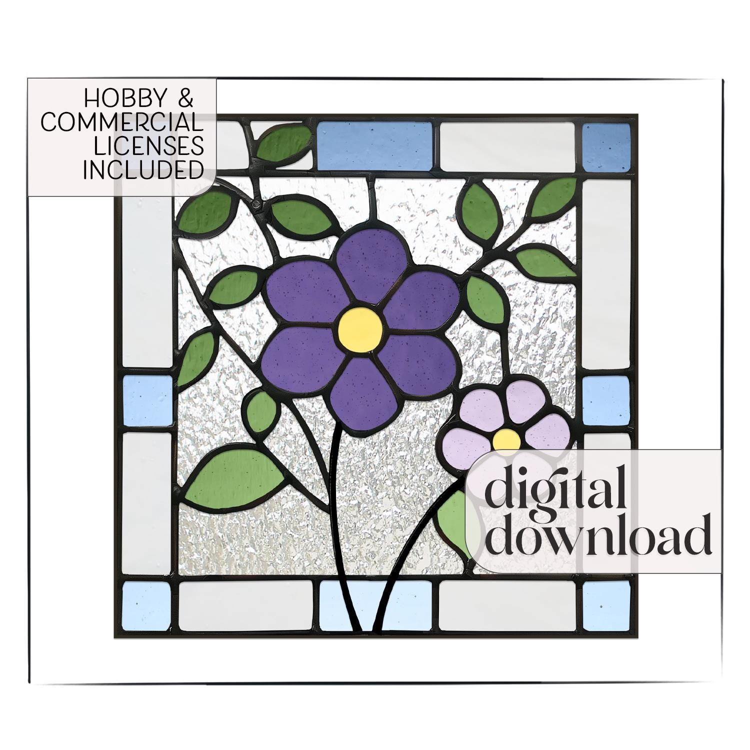 Square Floral Stained Glass Pattern, printable stained glass flower pattern, square sun catcher flower template for diy light catcher