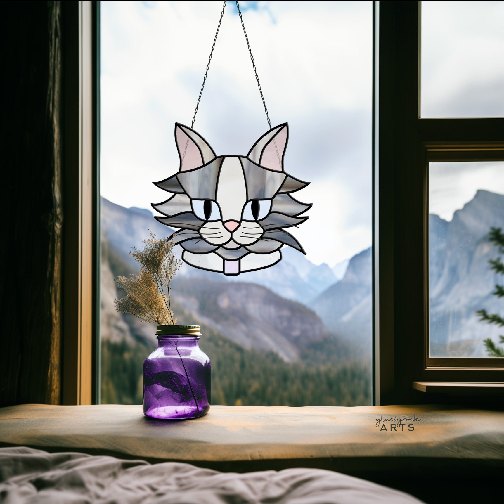 Fluffy Cat Stained Glass Pattern: Suncatcher Kitty Decor PDF & PNG - Etsy